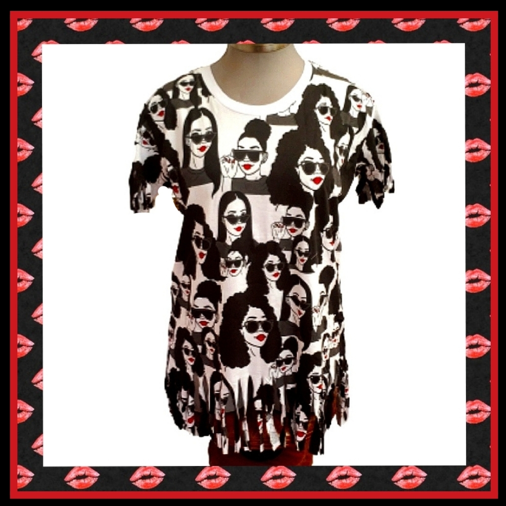 BLACK & WHITE ☆ FACES with SUNGLASSES ☆ FRINGE TEE ☆ NWT